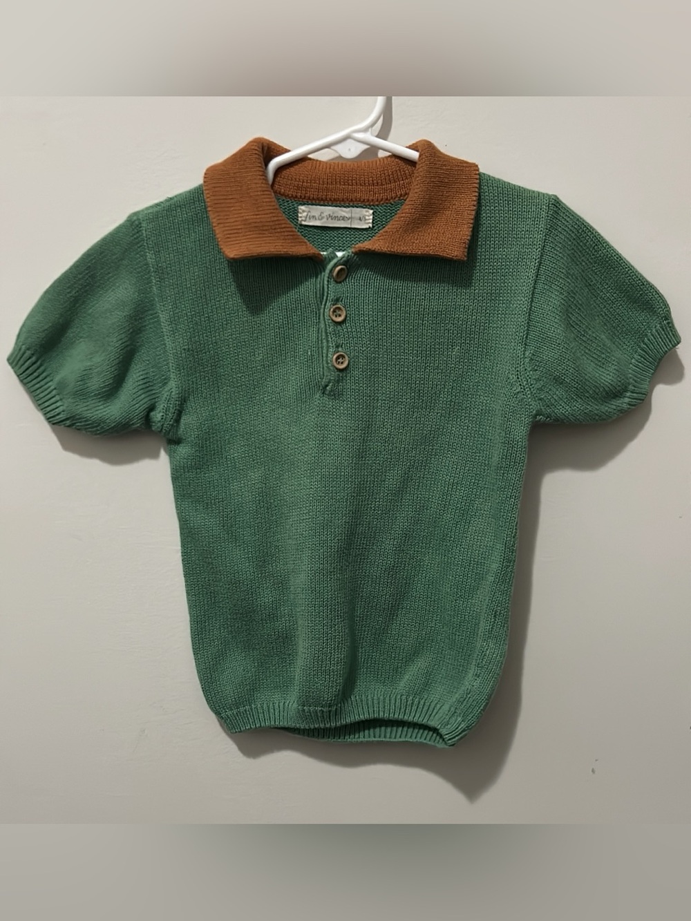 Green Knit Polo with Brown Collar - Kids